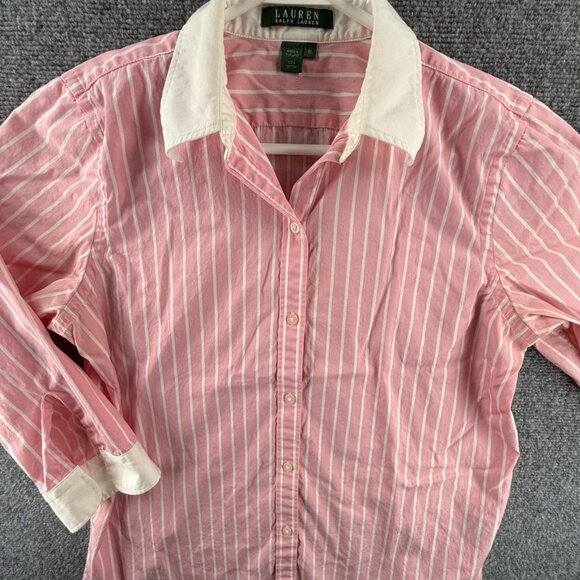 Lauren Ralph Lauren Contrast Collar Pink White Button Up Shirt Women Medium - Picture 1 of 14